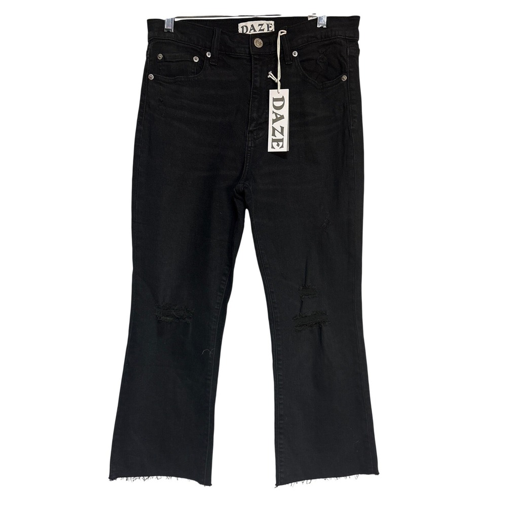 Daze Denim Shy Girl Black High Rise Crop Flare Distressed Jeans 29P